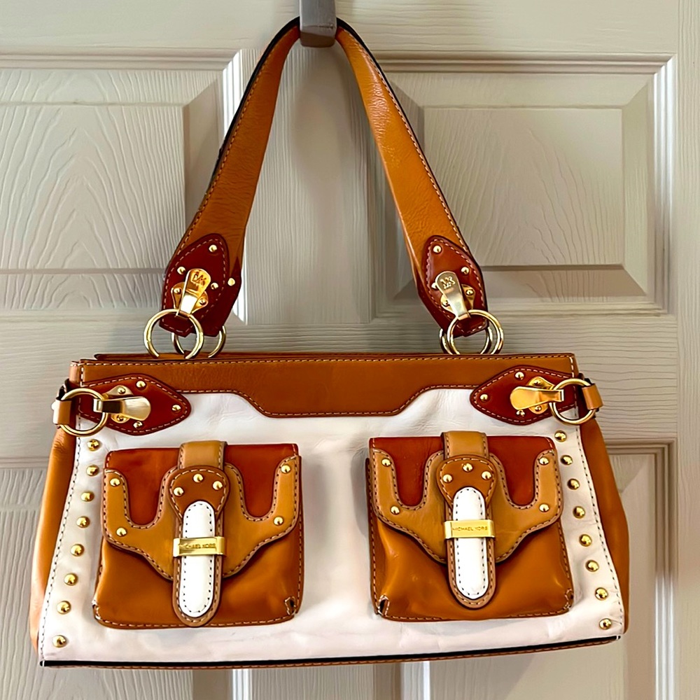 Micheal Kors Leather Shoulder Bag Purse Saddle Tan Ivory